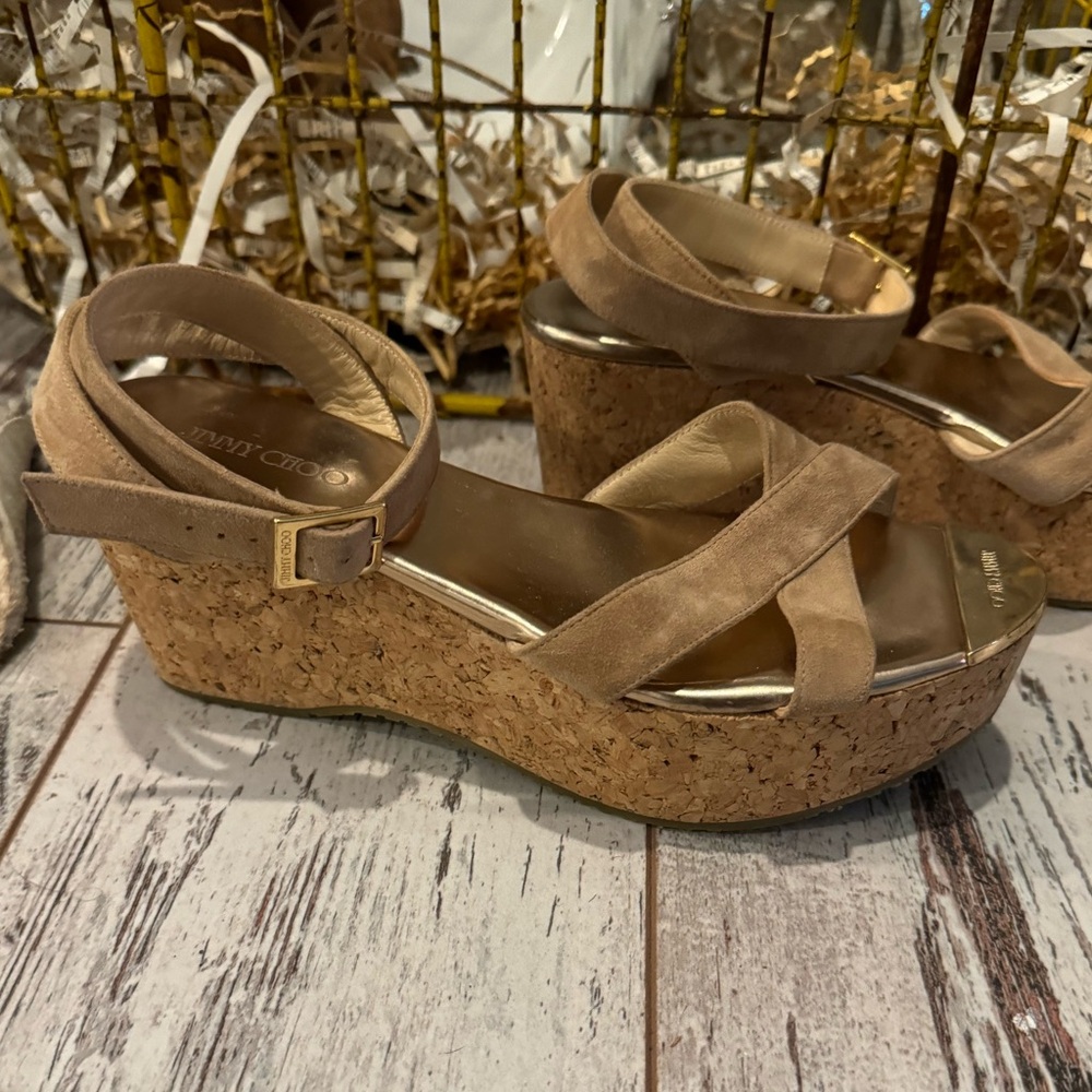 JIMMY CHOO PANTHER | Camel Tan Cork Wedge Sandals Heels | Gold Toe Cap Plate 39